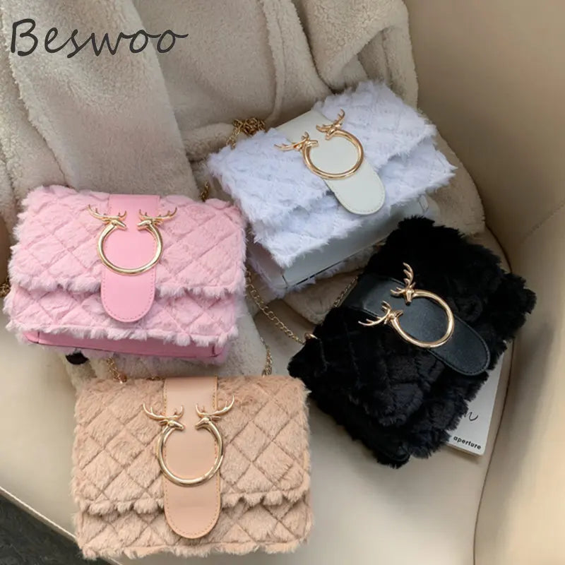 Plush Deer Crossbody Bag Chain Flap Small Square Bags for Women