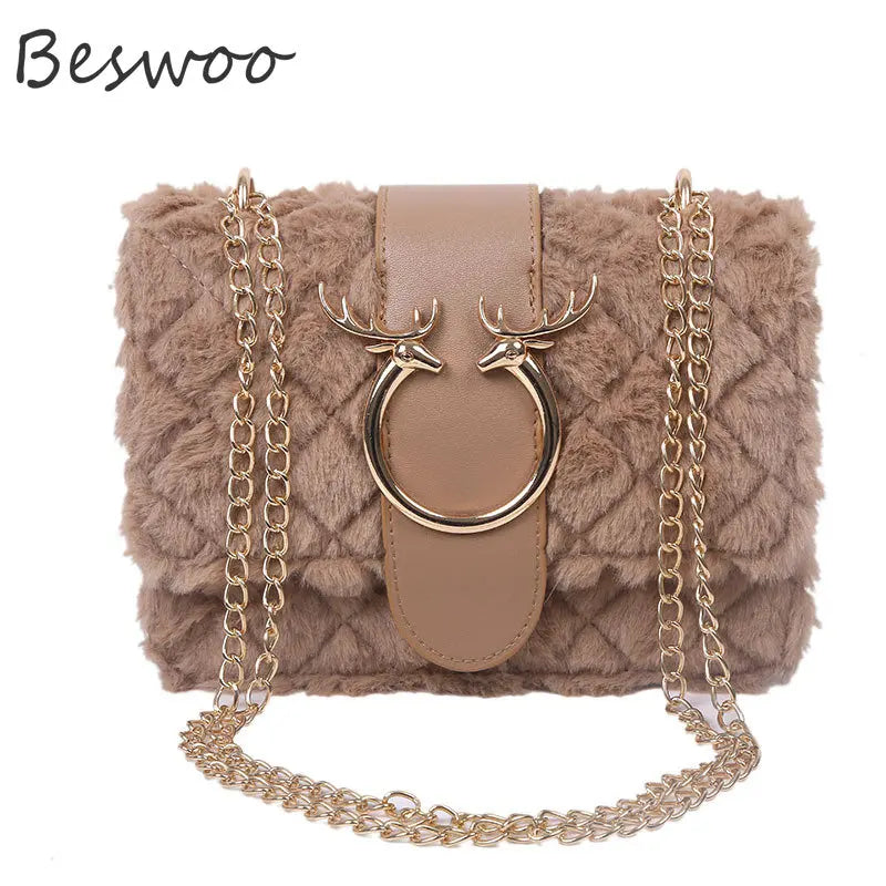Plush Deer Crossbody Bag Chain Flap Small Square Bags for Women