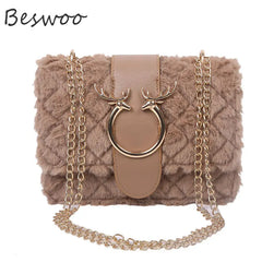 Plush Deer Crossbody Bag Chain Flap Small Square Bags for Women