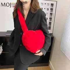 Women Tote Bag Love Heart Plush Shoulder Handbags Soft Fluffy Purses