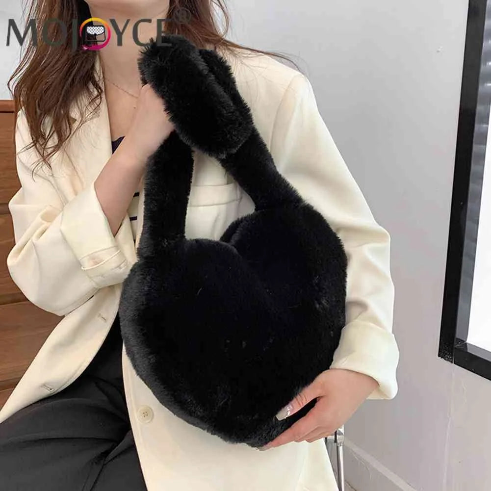 Women Tote Bag Love Heart Plush Shoulder Handbags Soft Fluffy Purses
