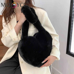 Women Tote Bag Love Heart Plush Shoulder Handbags Soft Fluffy Purses