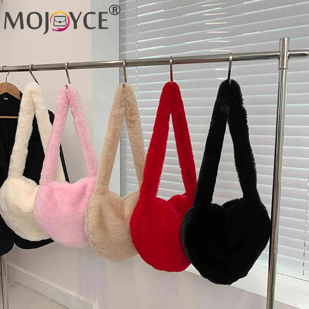 Women Tote Bag Love Heart Plush Shoulder Handbags Soft Fluffy Purses