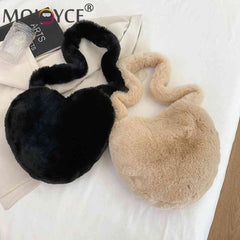 Women Tote Bag Love Heart Plush Shoulder Handbags Soft Fluffy Purses