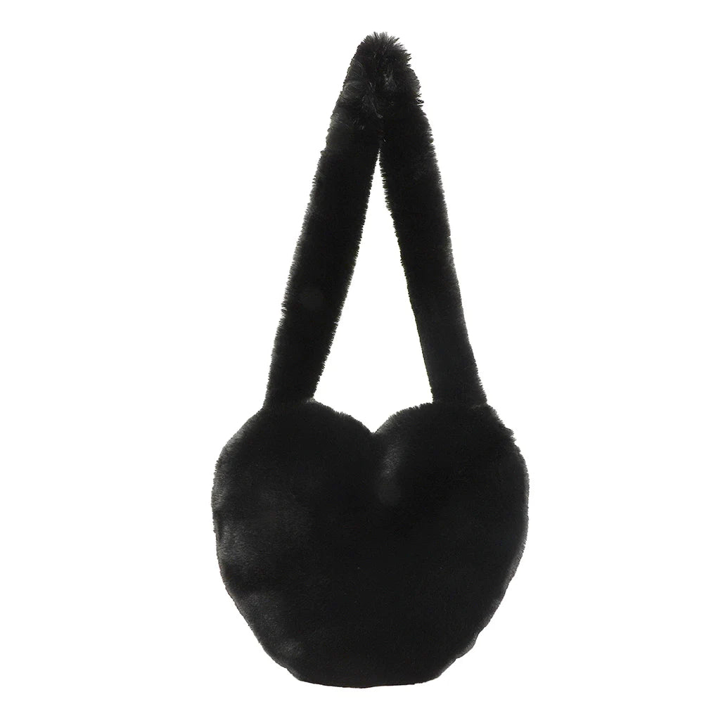 Women Tote Bag Love Heart Plush Shoulder Handbags Soft Fluffy Purses