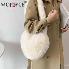 Women Tote Bag Love Heart Plush Shoulder Handbags Soft Fluffy Purses