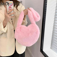 Women Tote Bag Love Heart Plush Shoulder Handbags Soft Fluffy Purses