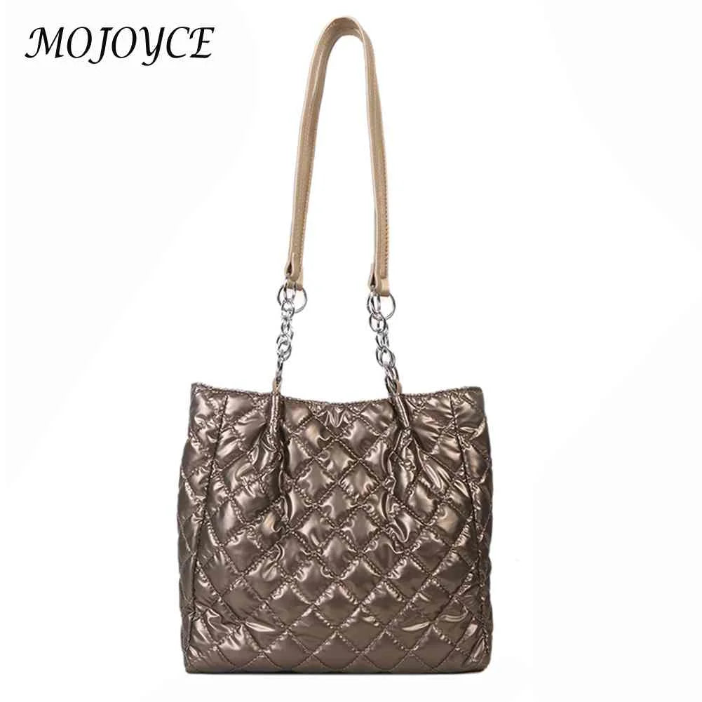 Quilted Cotton Padded Tote Bag Chain Solid Satchel