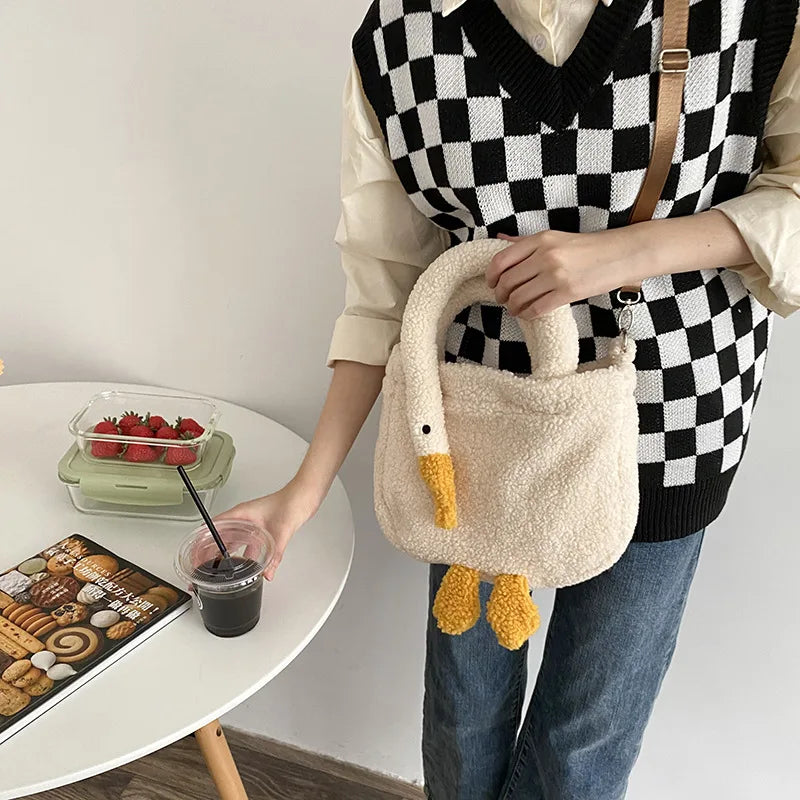 Women's Duck Lamb Hair Crossbody Bag Plush Handbag Zipper