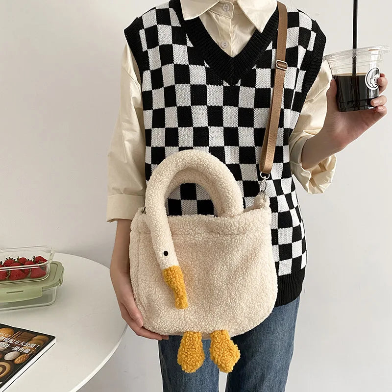 Women's Duck Lamb Hair Crossbody Bag Plush Handbag Zipper