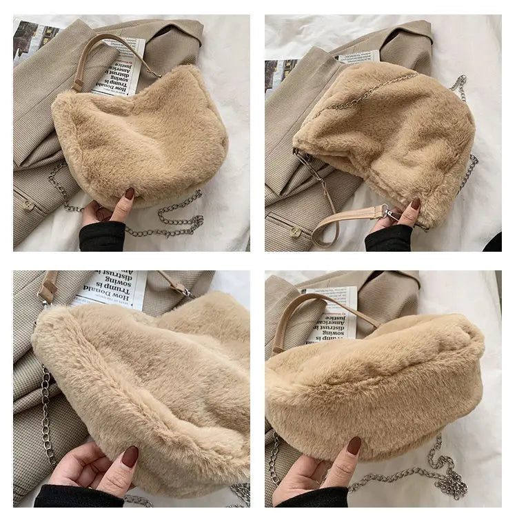 Plush One-Shoulder Chain Handbag