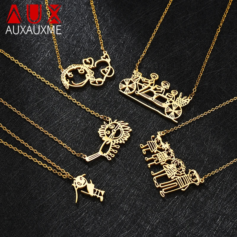 Auxauxme Children's Drawing Necklace Stainless Steel Kid's Art