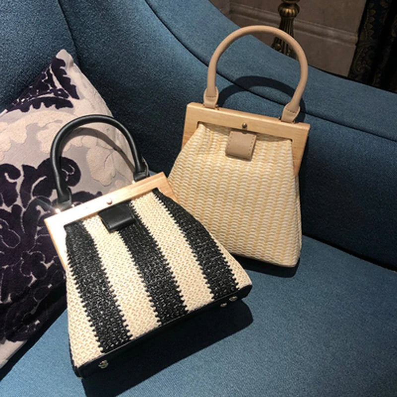 Straw Bag Wooden Clip Women Shoulder Beach Bag Handbags Women Bags