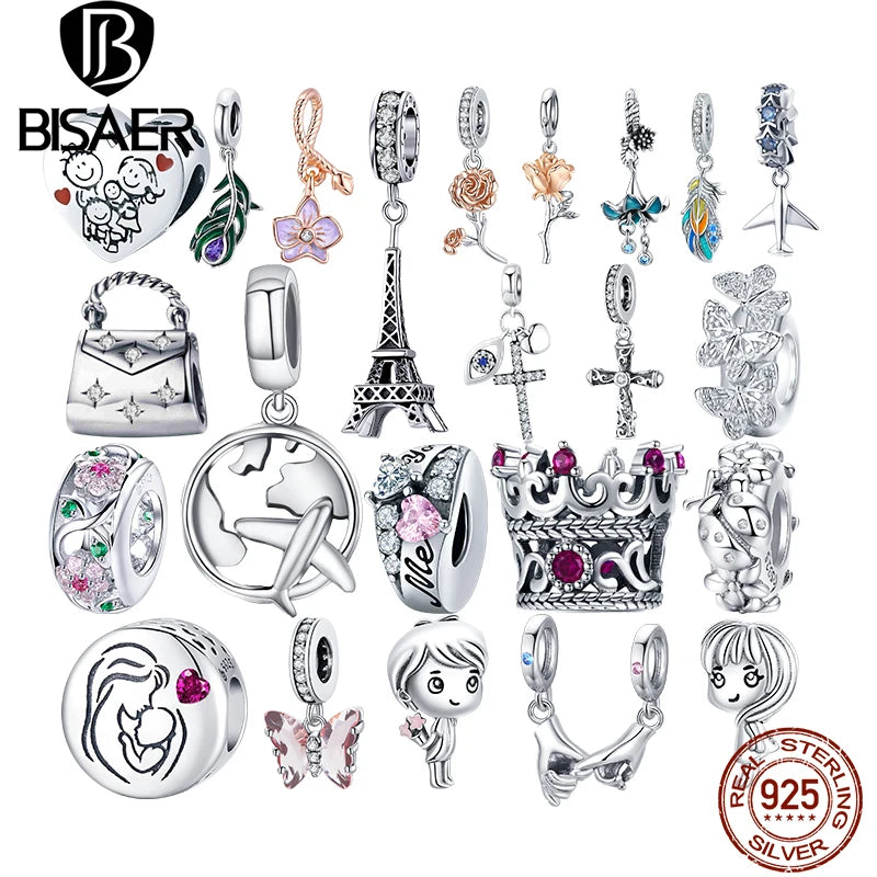 925 Silver Airplane Pendant Eiffel Tower Charm Bracelet Family Gift