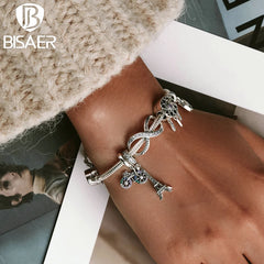 925 Silver Airplane Pendant Eiffel Tower Charm Bracelet Family Gift
