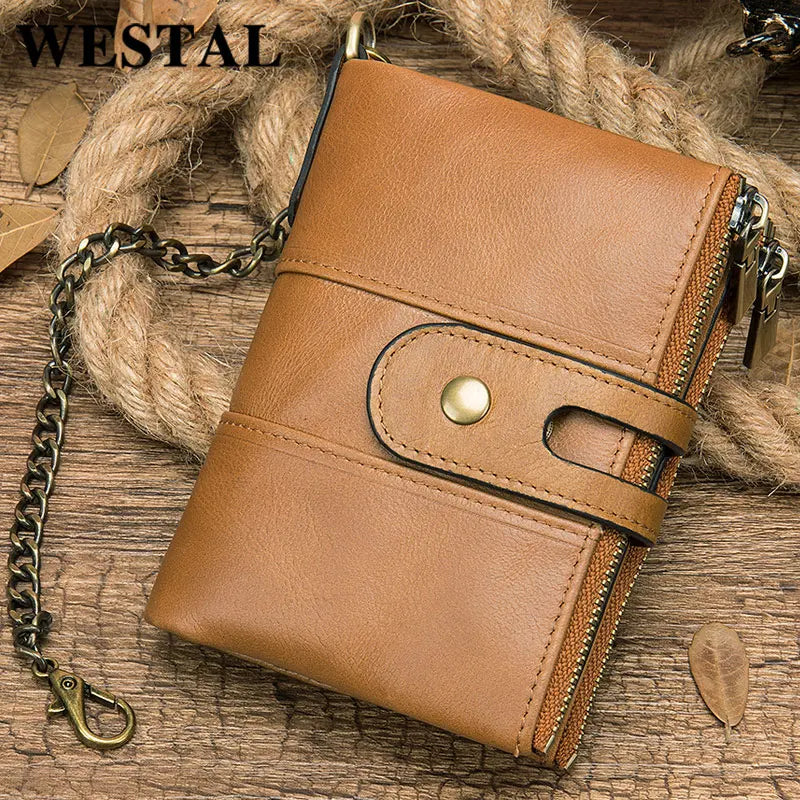 BISONDENIM Men's RFID Leather Wallet with Double Zipper Short Multi-card Slot