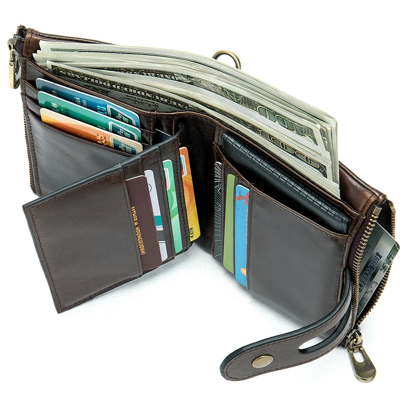 BISONDENIM Men's RFID Leather Wallet with Double Zipper Short Multi-card Slot