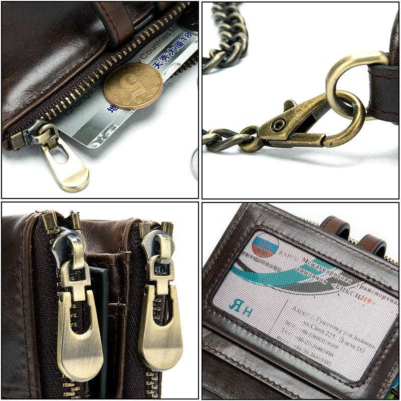 BISONDENIM Men's RFID Leather Wallet with Double Zipper Short Multi-card Slot