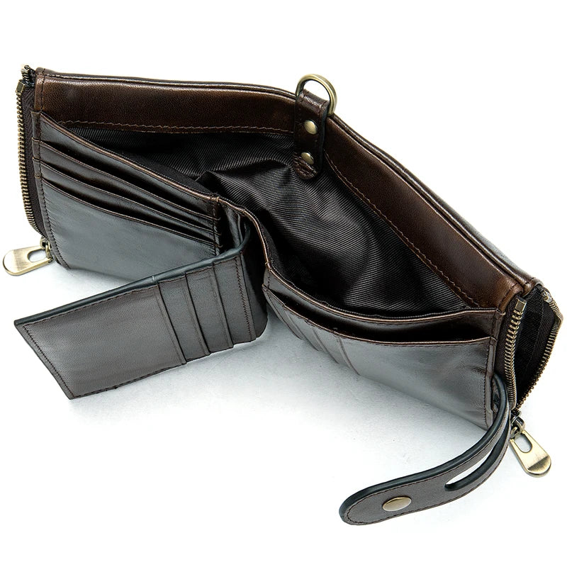 BISONDENIM Men's RFID Leather Wallet with Double Zipper Short Multi-card Slot