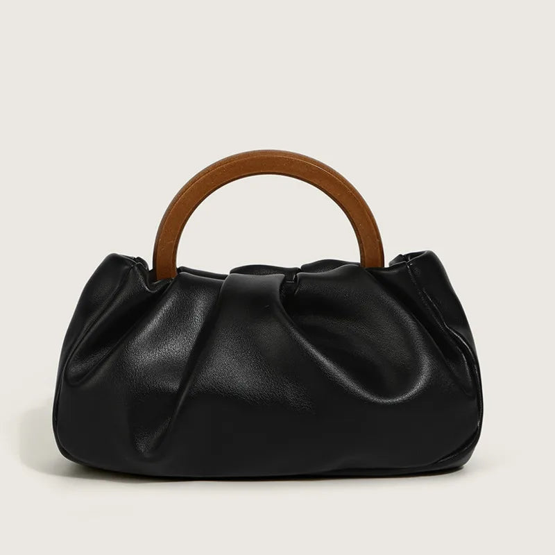 Pleated Cloud Bag with Wooden Handle & Chain Strap