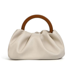 Pleated Cloud Bag with Wooden Handle & Chain Strap