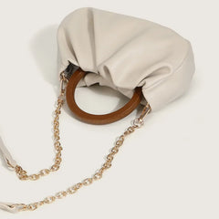 Pleated Cloud Bag with Wooden Handle & Chain Strap