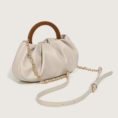 Pleated Cloud Bag with Wooden Handle & Chain Strap