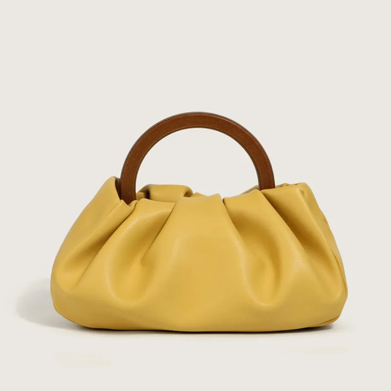 Pleated Cloud Bag with Wooden Handle & Chain Strap