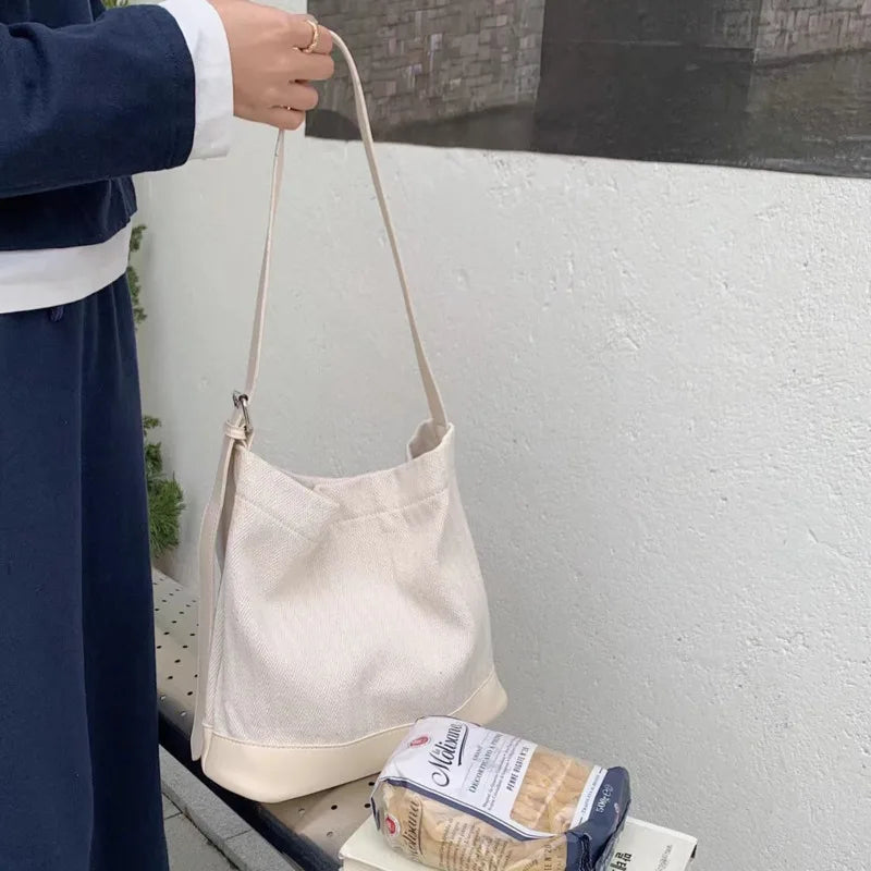 Canvas Bucket Bag Women Large Capacity Shopping Shoulder Messenger Bags