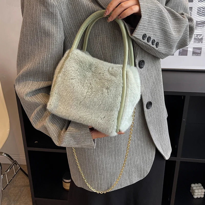 Versatile Plush Solid Handbag Women's Bags