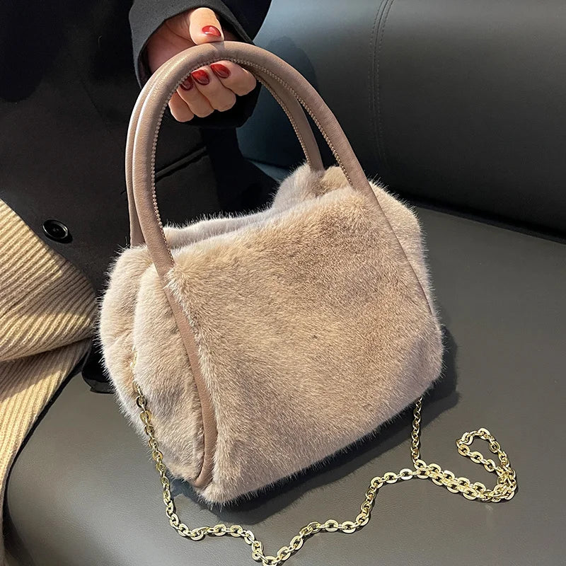 Versatile Plush Solid Handbag Women's Bags