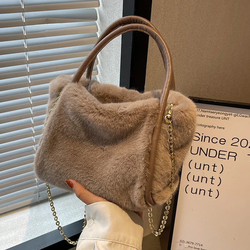 Versatile Plush Solid Handbag Women's Bags