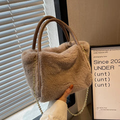 Versatile Plush Solid Handbag Women's Bags