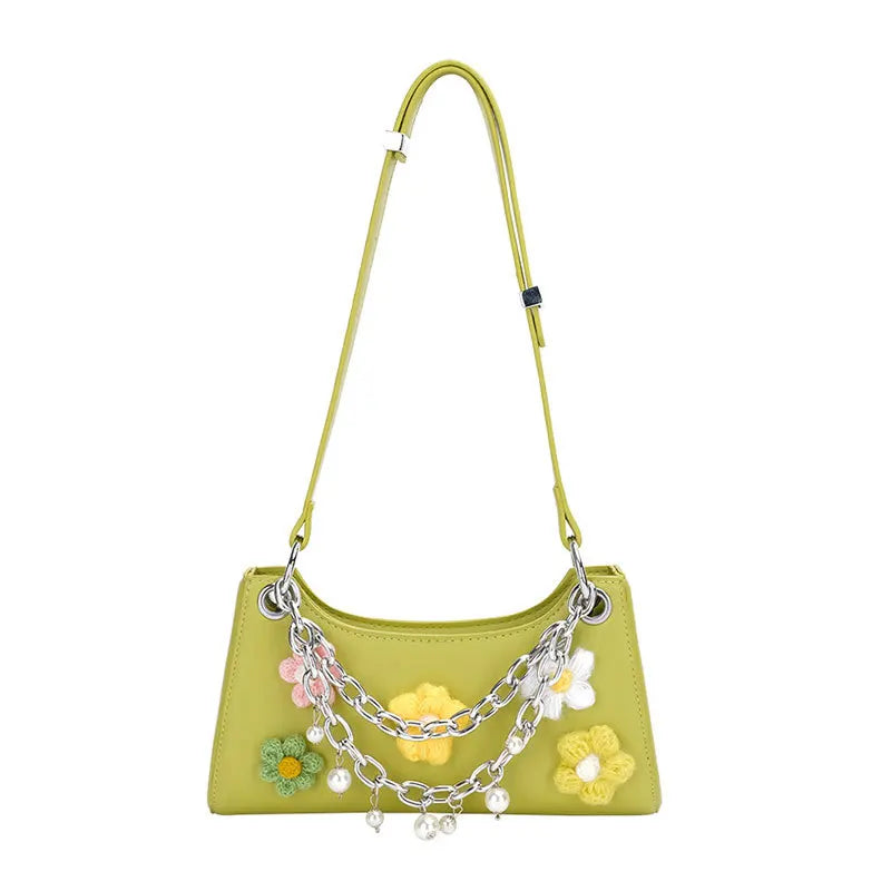 Chain Pearls Flowers PU Leather Handbag Vacation Shoulder Underarm Bags