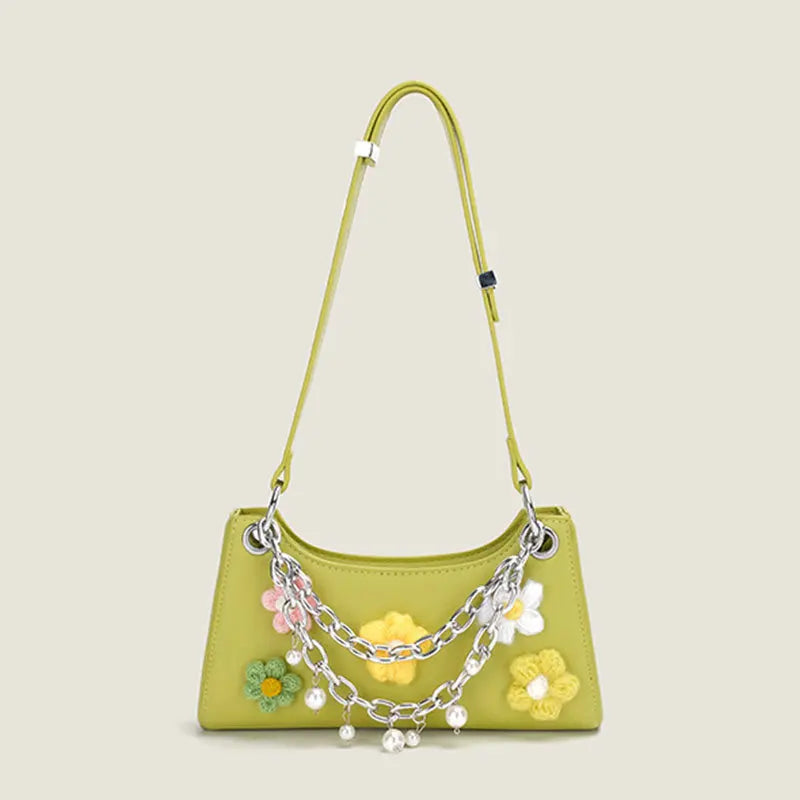 Chain Pearls Flowers PU Leather Handbag Vacation Shoulder Underarm Bags