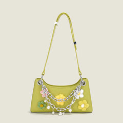 Chain Pearls Flowers PU Leather Handbag Vacation Shoulder Underarm Bags