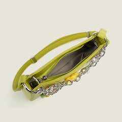 Chain Pearls Flowers PU Leather Handbag Vacation Shoulder Underarm Bags