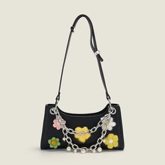 Chain Pearls Flowers PU Leather Handbag Vacation Shoulder Underarm Bags