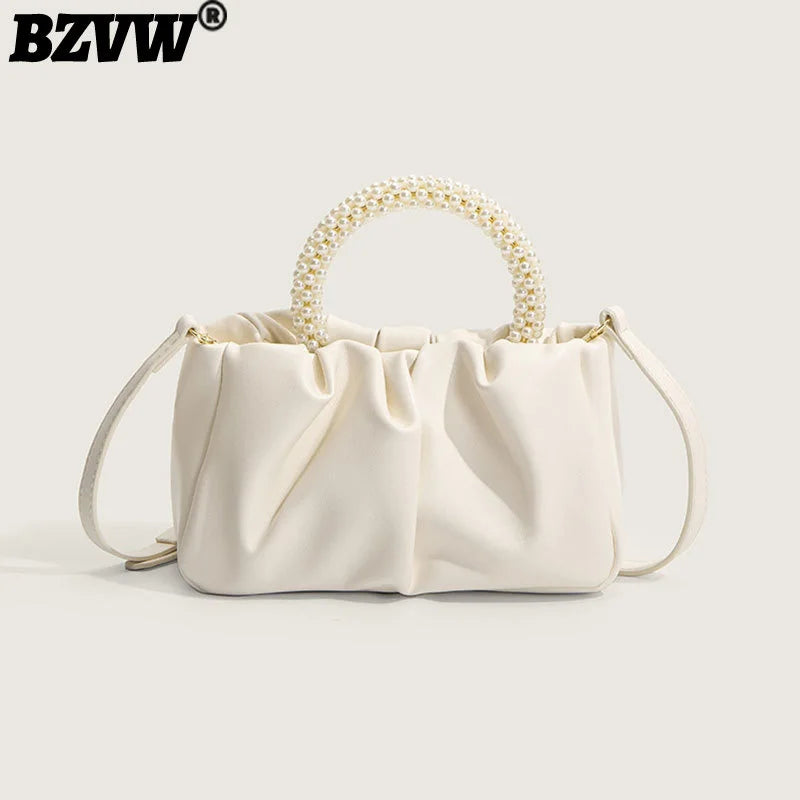 Pleated Beading Handle Handbags For Women Ladies Shopping