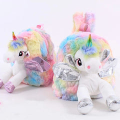 Baby Girl Unicorn Fur Backpack Zipper Schoolbag Kid Toy Doll Plush Bag
