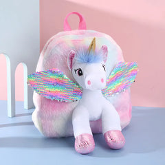 Baby Girl Unicorn Fur Backpack Zipper Schoolbag Kid Toy Doll Plush Bag