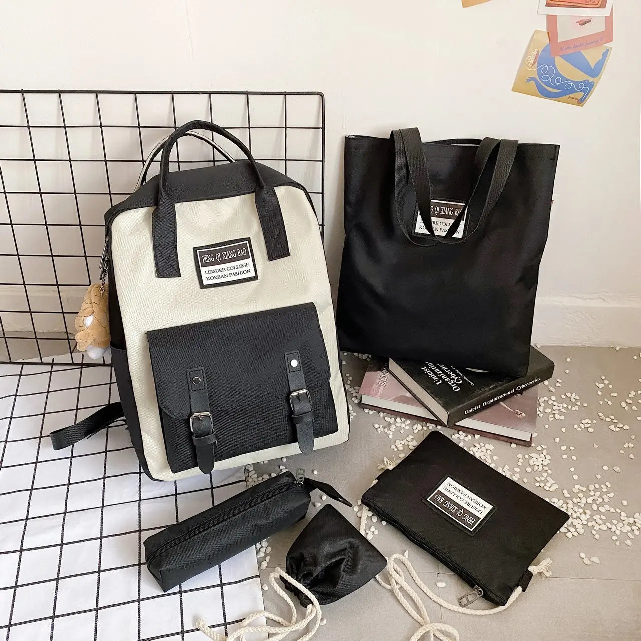 5 Piece High School Backpack Set for Teenage Girl Canvas Travel Bags