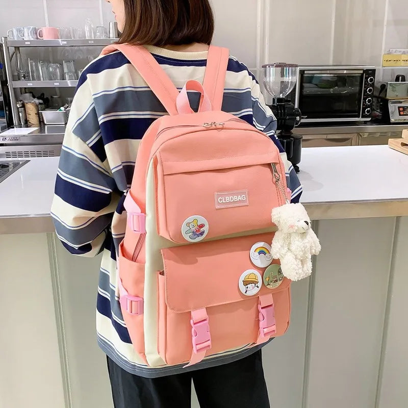 Teenage Girl High School Backpack Set Canvas Travel Bags