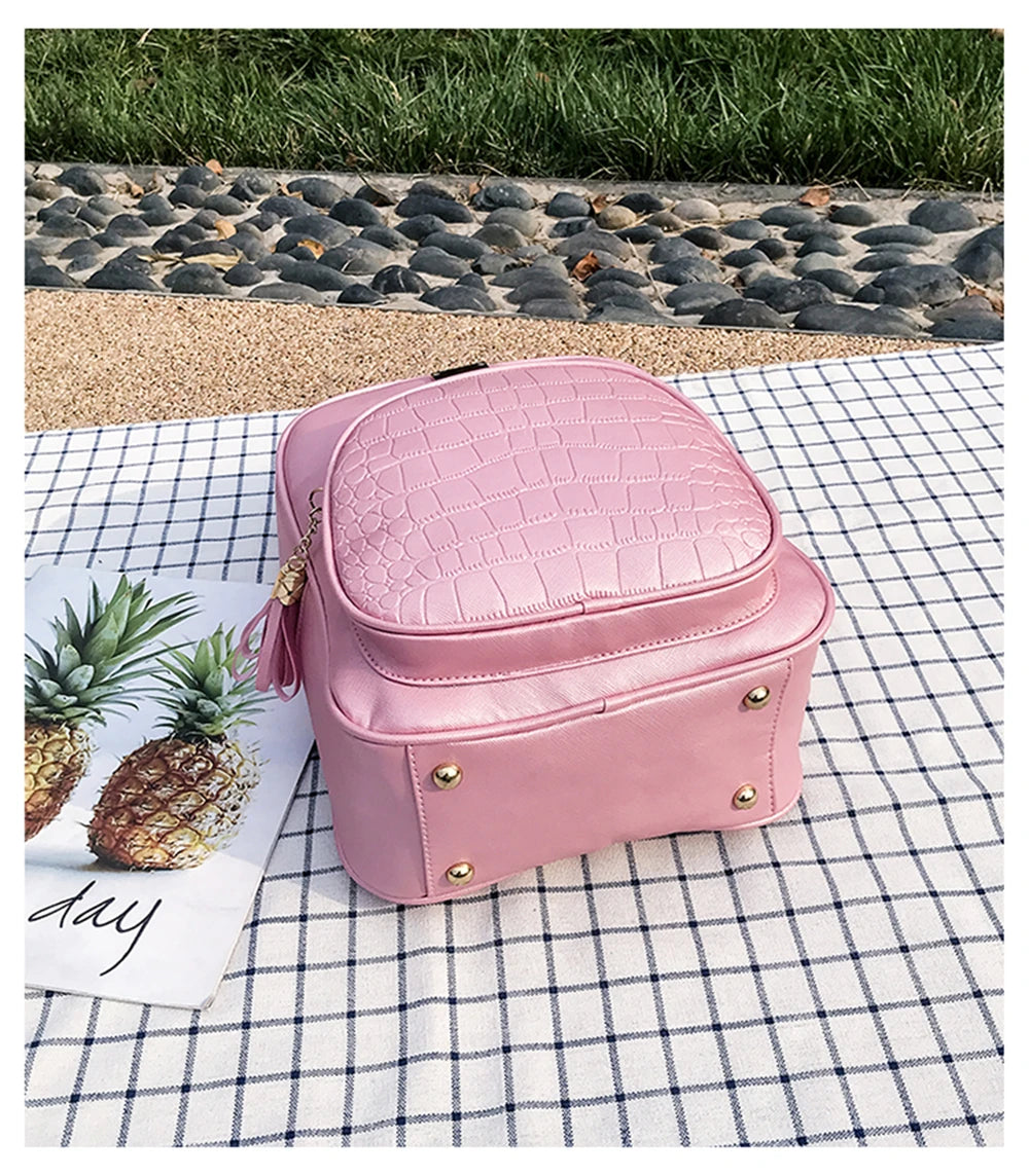 Pink PU Leather Shoulder Bag For Girls Multi-Function School Backpack