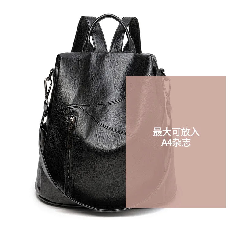 Women's Anti-Theft Leather Backpack Large Capacity Schoolbag