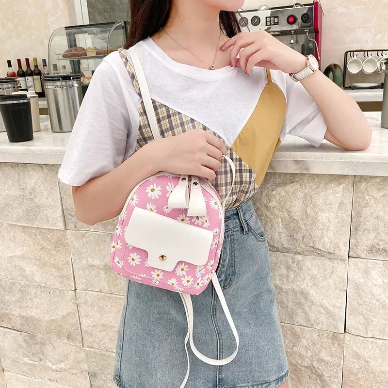 Floral Print Zipper Ladies Casual Daypacks Mochila High School Mini Bag
