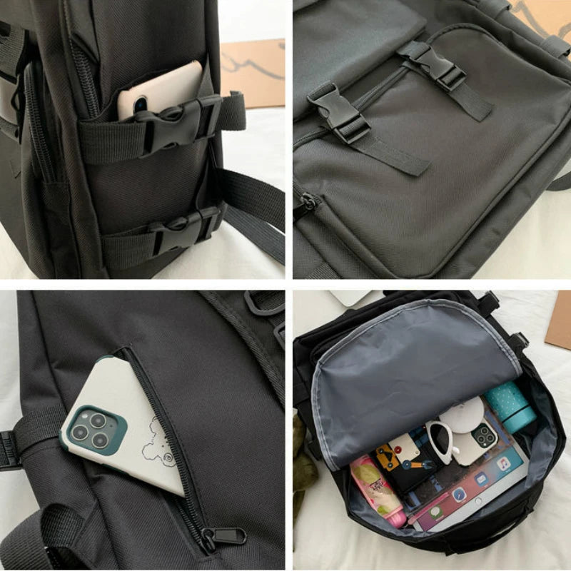 Preppy Students Backpack Large Capacity Button Travel Bag Solid