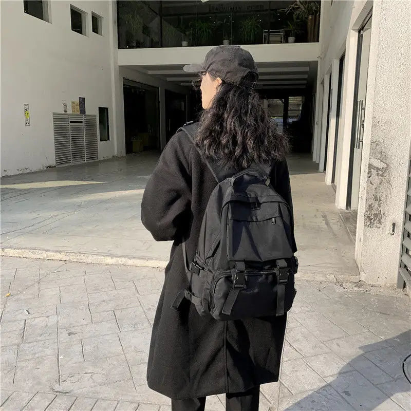 Preppy Students Backpack Large Capacity Button Travel Bag Solid Harajuku