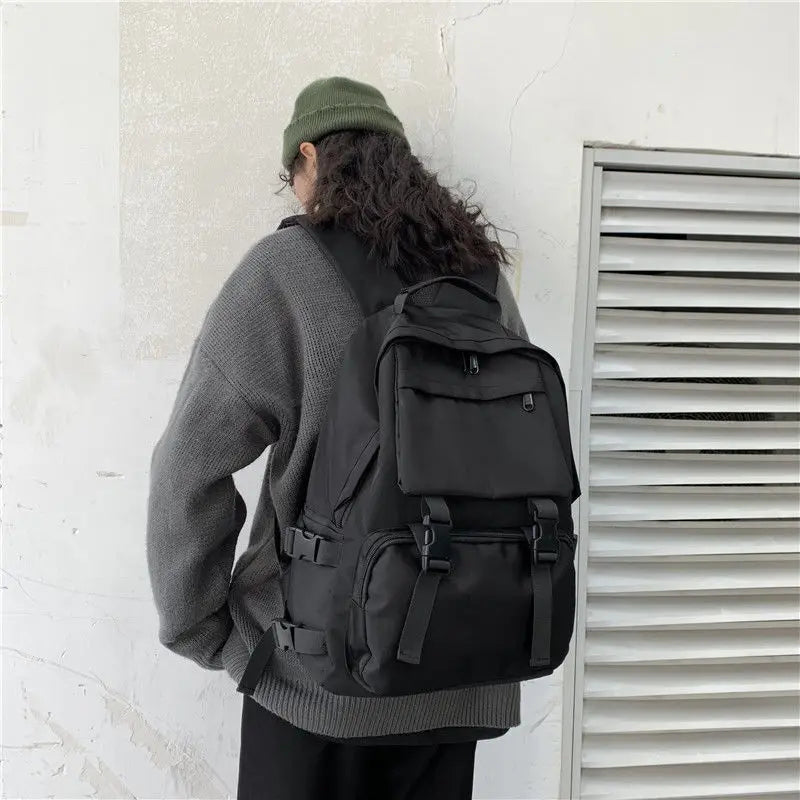 Preppy Students Backpack Large Capacity Button Travel Bag Solid Harajuku