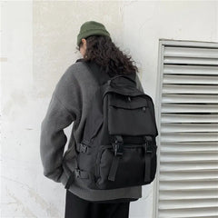 Preppy Students Backpack Large Capacity Button Travel Bag Solid Harajuku